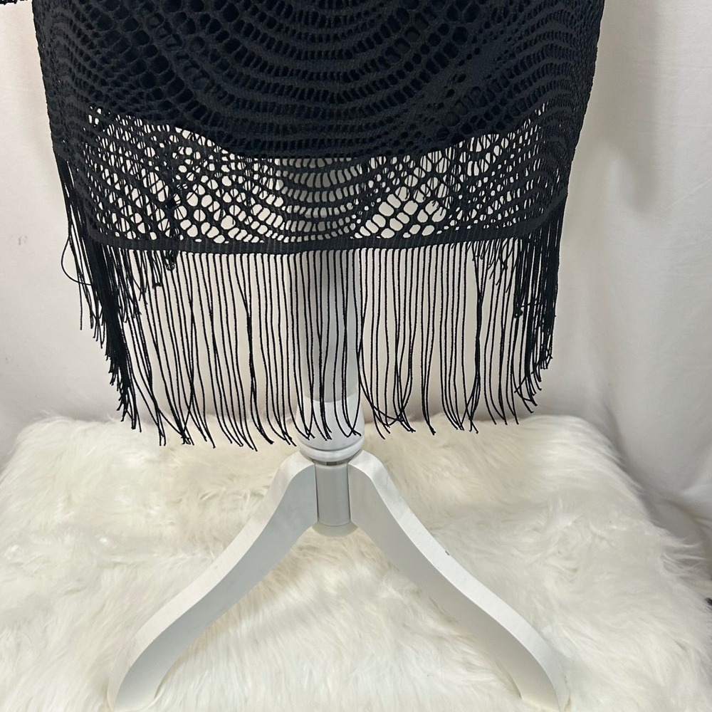 Melissa Paige Black Crochet Fringe Tunic Top Cover Up Long Sleeve Women's L - Picture 3 of 10